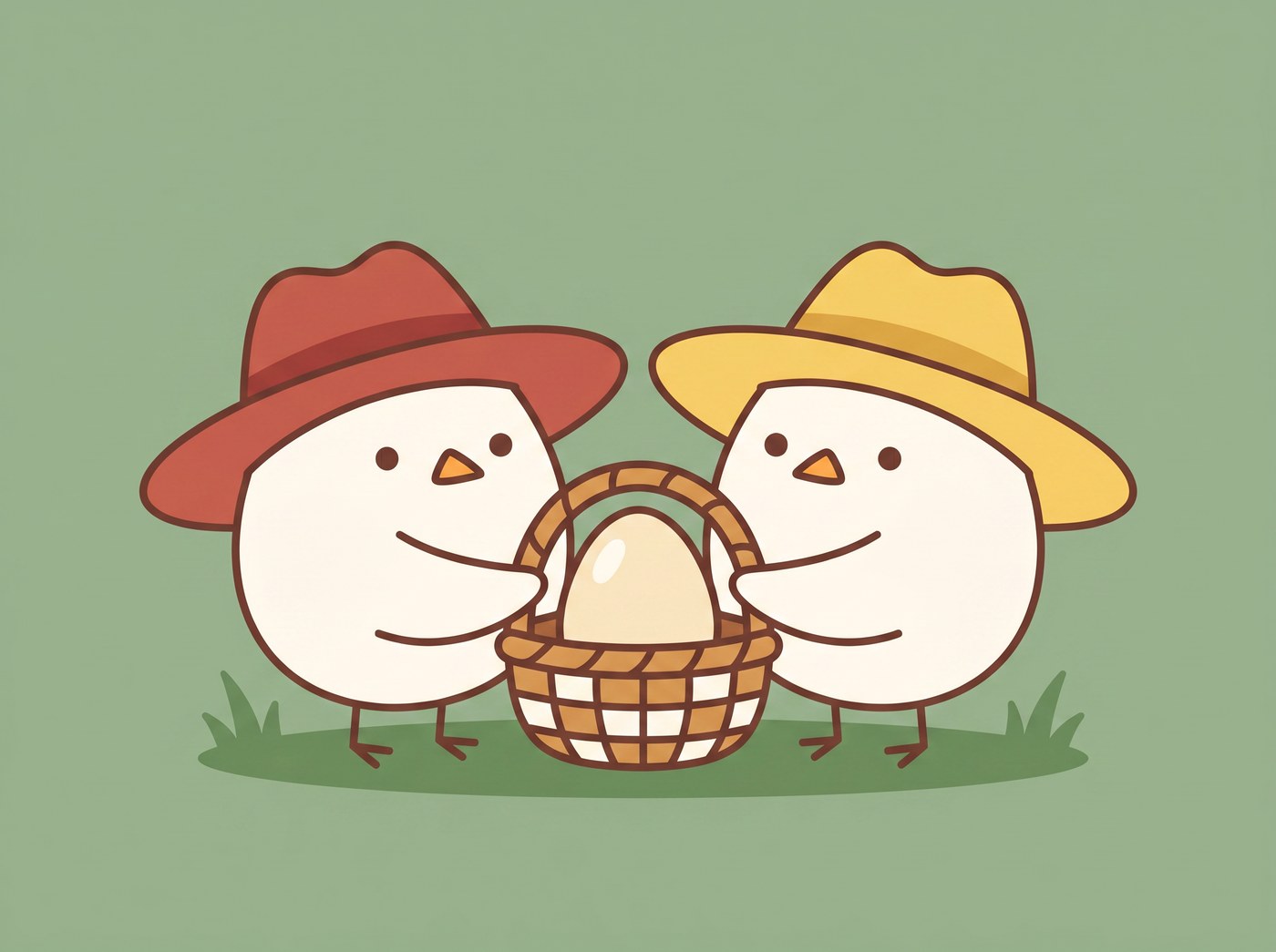 Cartoon illustration of two chick brothers in farmer hats, one yellow and one red, standing in grass and holding a wicker basket with a single egg between them.