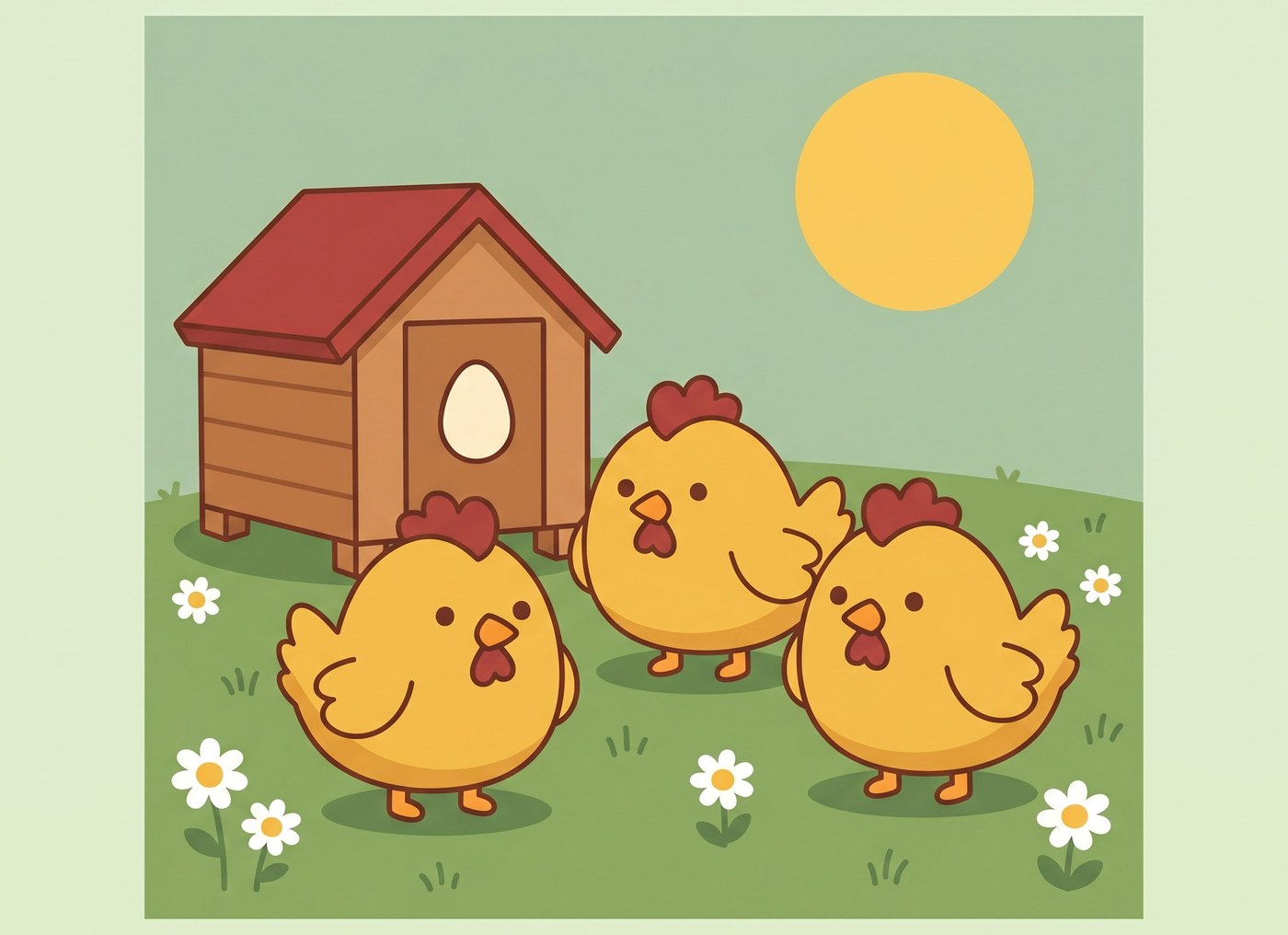 Cartoon illustration of three friendly yellow hens with red combs standing on a green meadow with white daisies, a small wooden coop with a red roof and a round sun in the sage sky behind them.
